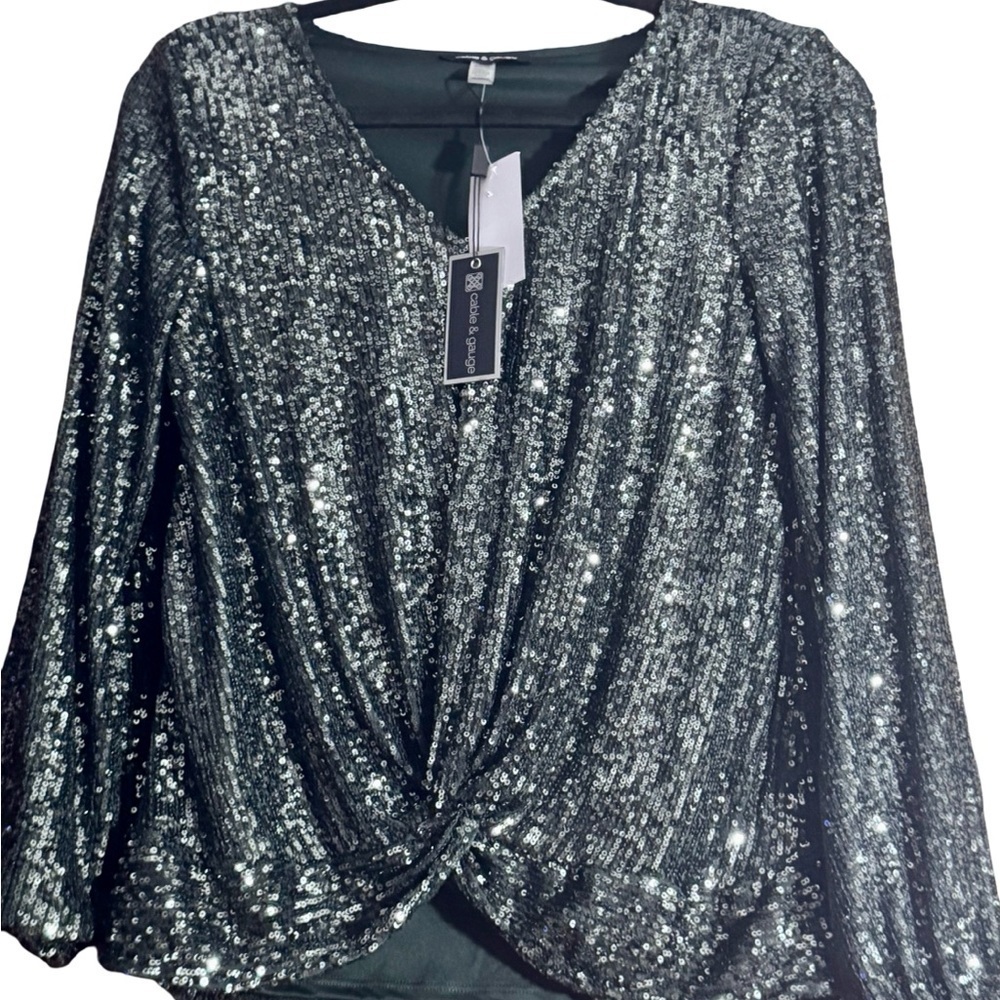 Cable & Gauge Dark Green and Silver Sequin Long Sleeve Wrap Blouse - Picture 2 of 4